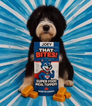 Product shot of That Bites super food dog meal toppers made fresh in Calgary, AB with natural ingredients and whole foods for dogs of all sizes. Big sized dog bag with american bully