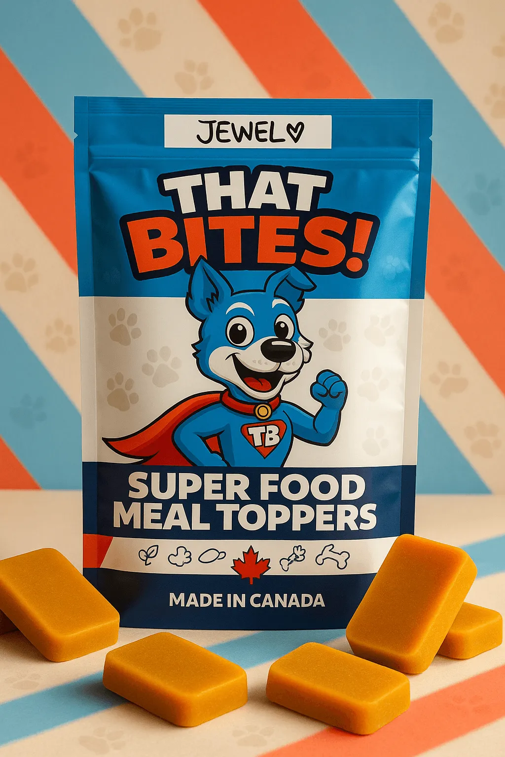 Natural dog food superfood meal toppers packaging from That Bites Calgary, AB