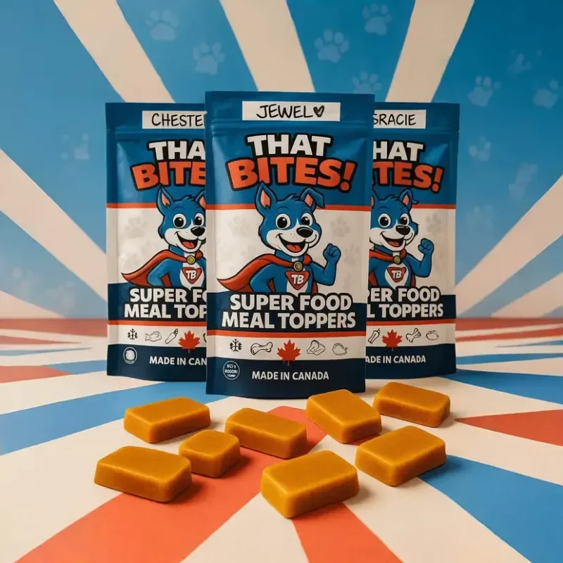 Product shot of That Bites super food dog meal toppers made fresh in Calgary, AB with natural ingredients and whole foods for dogs of all sizes. three bag package product shot