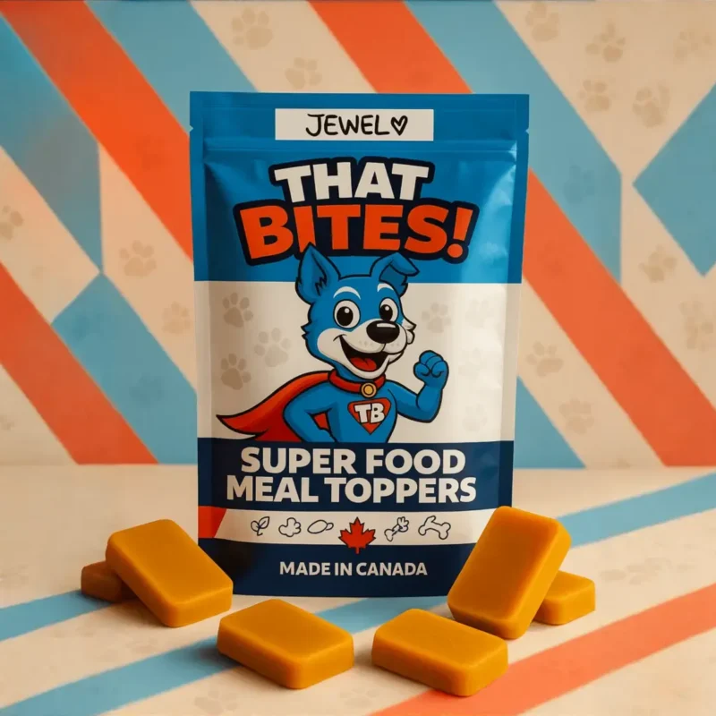 Product shot of That Bites super food dog meal toppers made fresh in Calgary, AB with natural ingredients and whole foods for dogs of all sizes. single bag package product shot