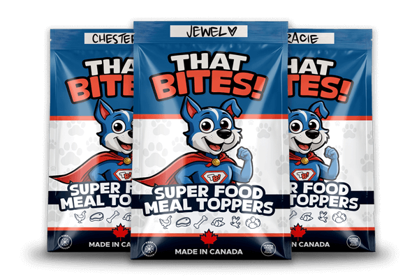 That Bites! Superfood dog food meal topper packaging made fresh in Calgary, AB