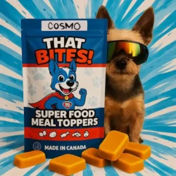 Product shot of That Bites super food dog meal toppers made fresh in Calgary, AB with natural ingredients and whole foods for dogs of all sizes. small sized dog bag for picky eaters